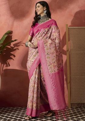 Pink Embroidered Cotton Blend Saree Set