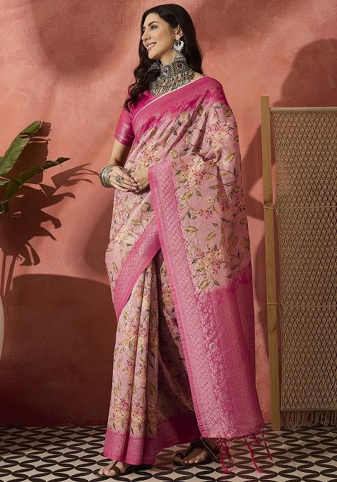 Pink Embroidered Cotton Blend Saree Set