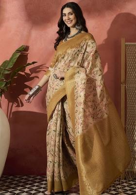Yellow Embroidered Cotton Blend Saree Set