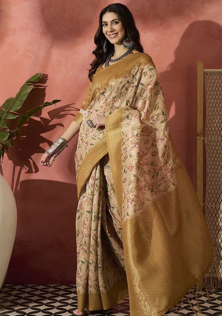 Yellow Blend Cotton Saree Set with Embroidered for Diwali | Wedding & Festive Wear - Indya