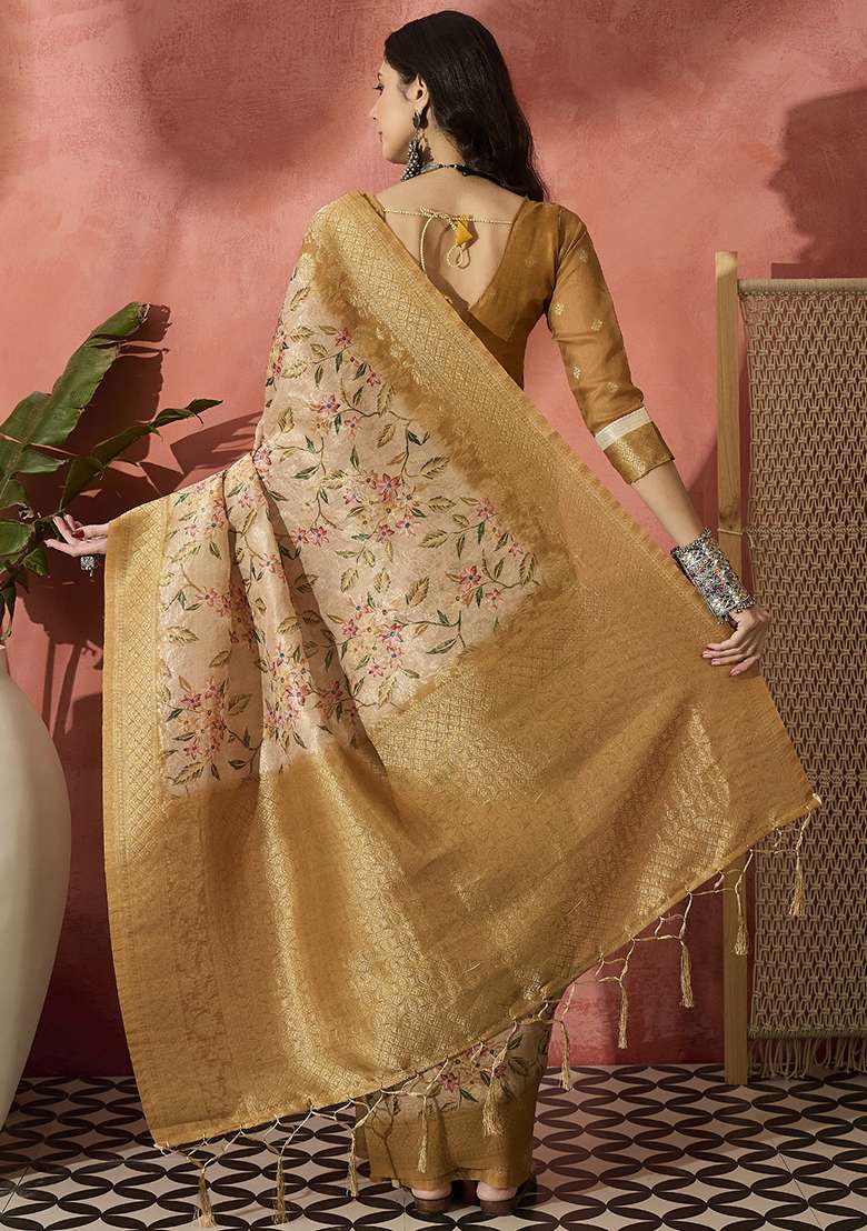 Yellow Blend Cotton Saree Set with Embroidered for Diwali | Wedding & Festive Wear - Indya