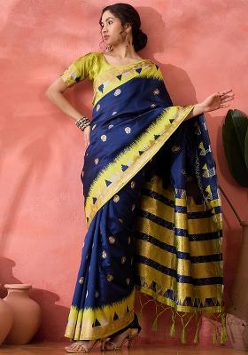 Navy Embroidered Silk Saree Set