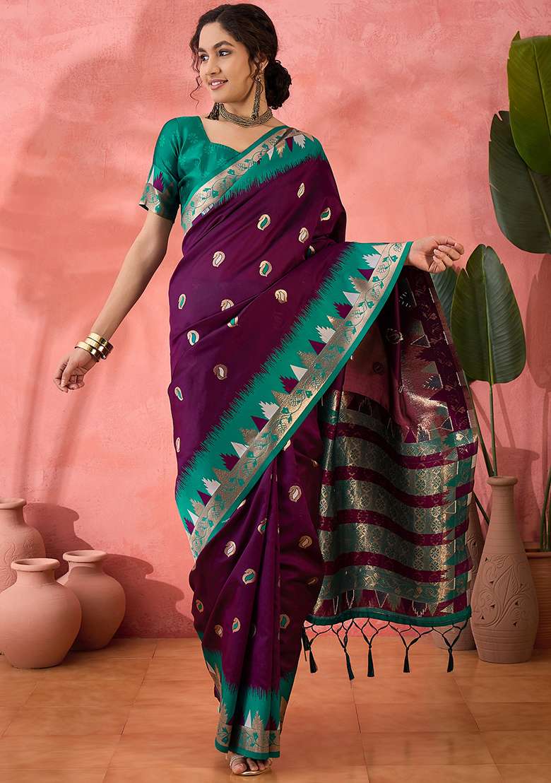 Purple Embroidered Silk Blend Saree Set for Diwali and Festive Wear - Indya