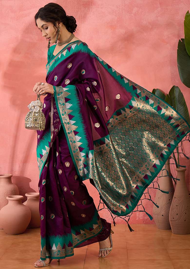 Purple Embroidered Silk Blend Saree Set for Diwali and Festive Wear - Indya