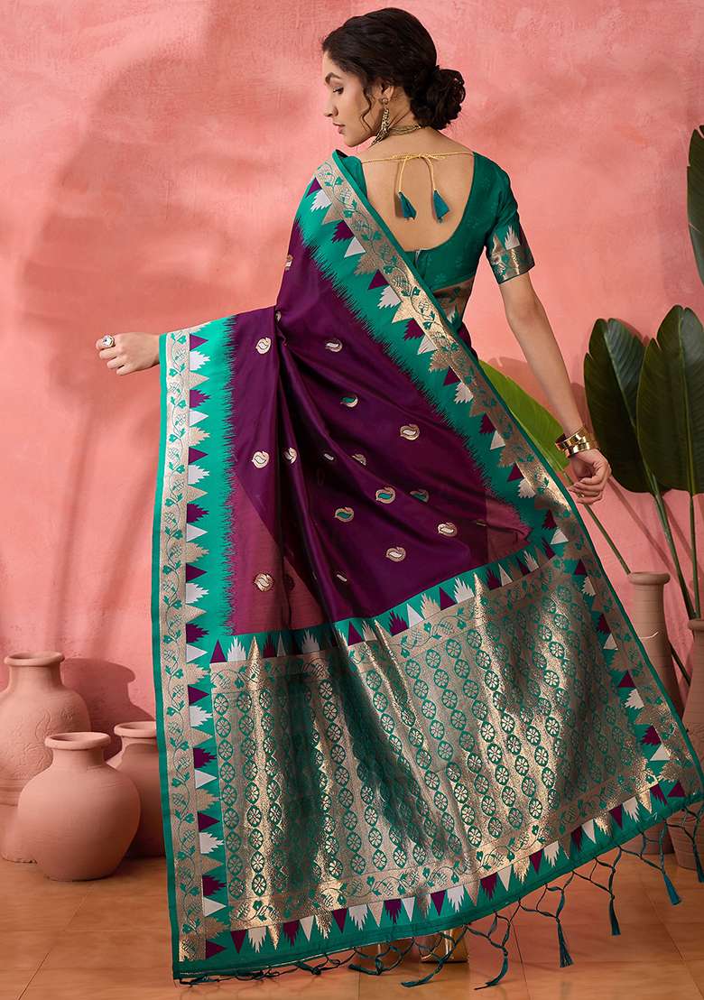Purple Embroidered Silk Blend Saree Set for Diwali and Festive Wear - Indya
