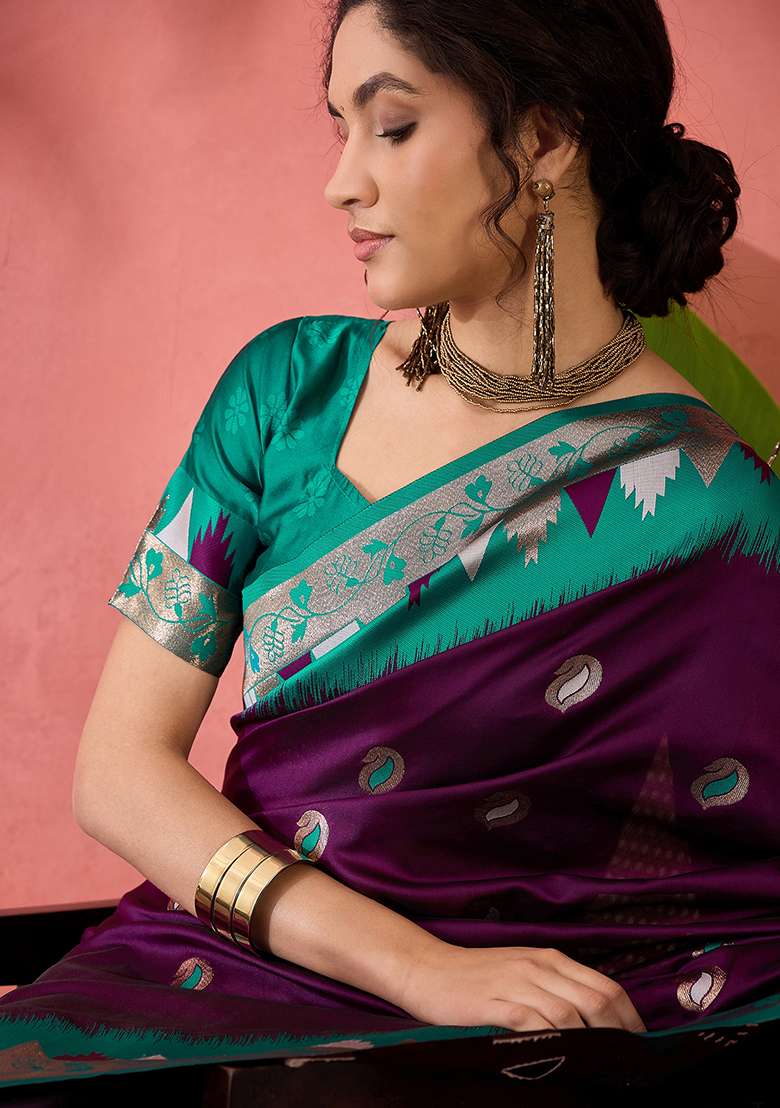 Purple Embroidered Silk Blend Saree Set for Diwali and Festive Wear - Indya