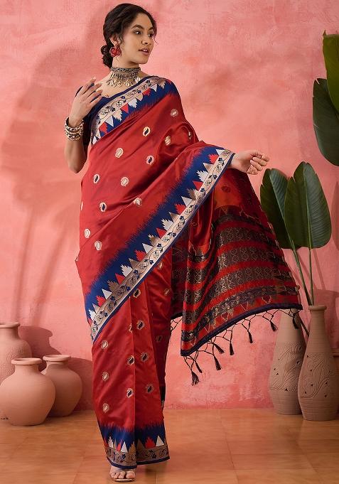 Red Embroidered Silk Saree Set