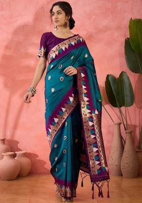 Teal Embroidered Silk Saree Set