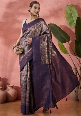 Navy Embroidered Silk Saree Set