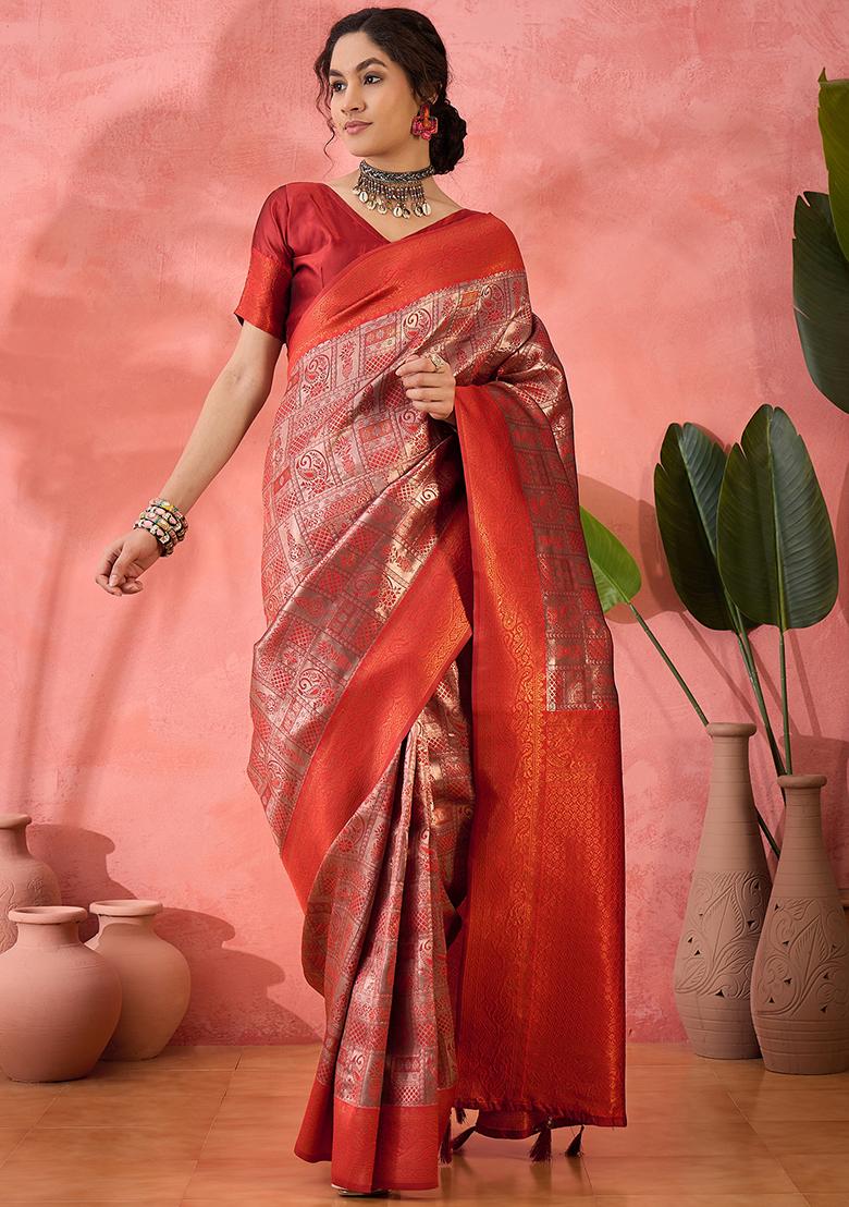 Red Embroidered Silk Saree Set
