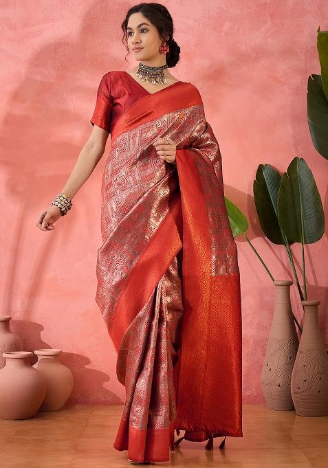 Red Embroidered Silk Saree Set