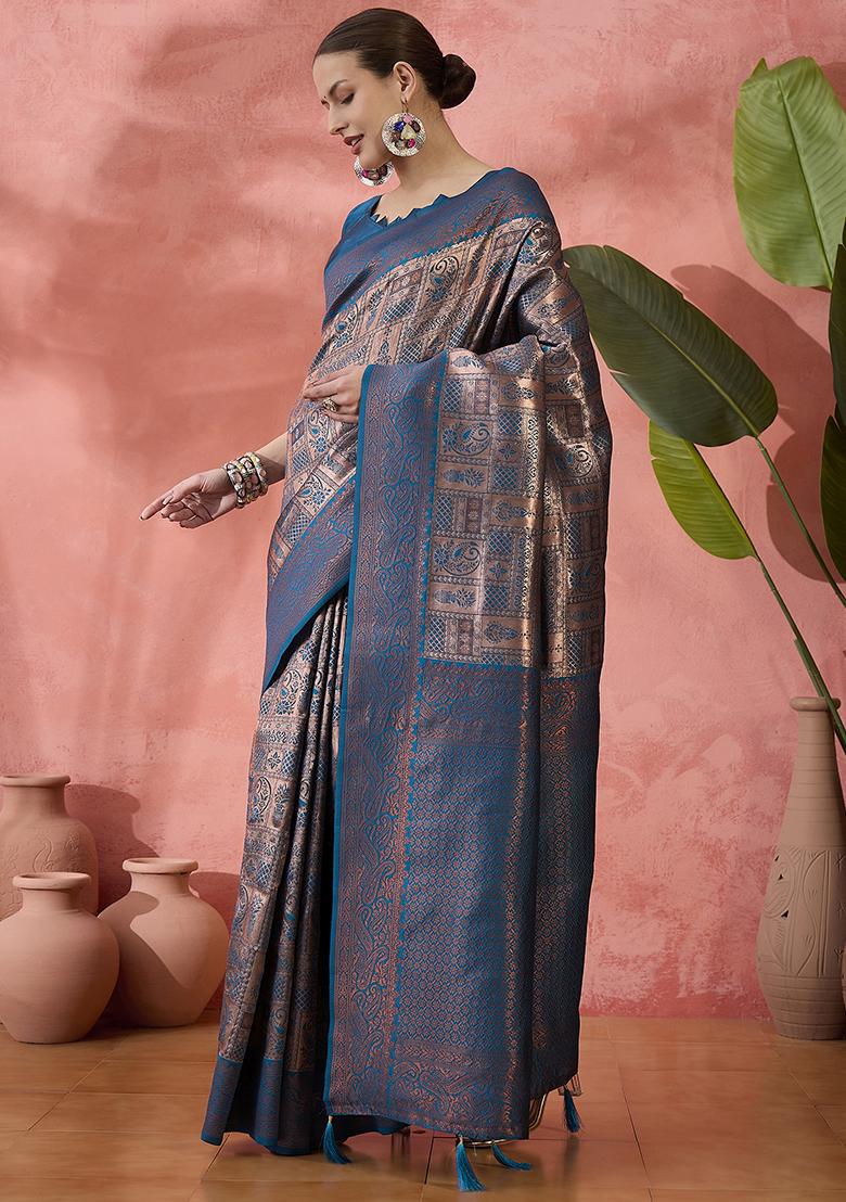 Teal Embroidered Silk Saree Set