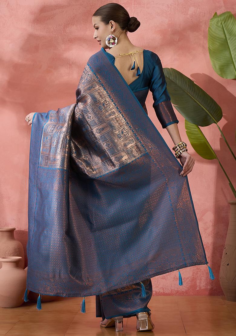 Teal Embroidered Silk Saree Set