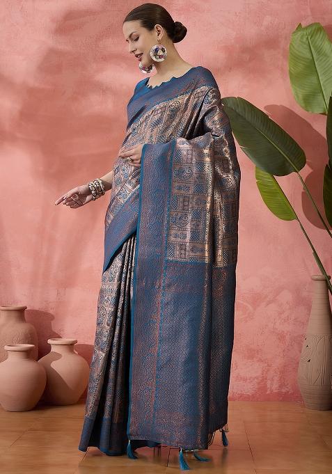 Teal Embroidered Silk Saree Set