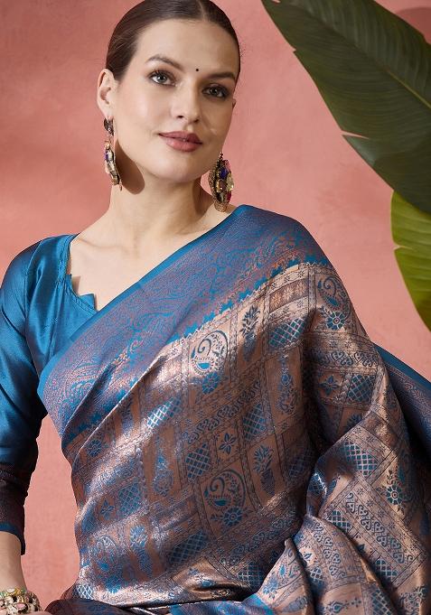 Teal Embroidered Silk Saree Set
