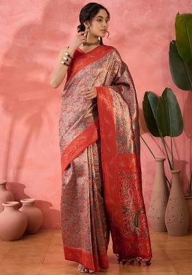 Orange Embroidered Silk Saree Set