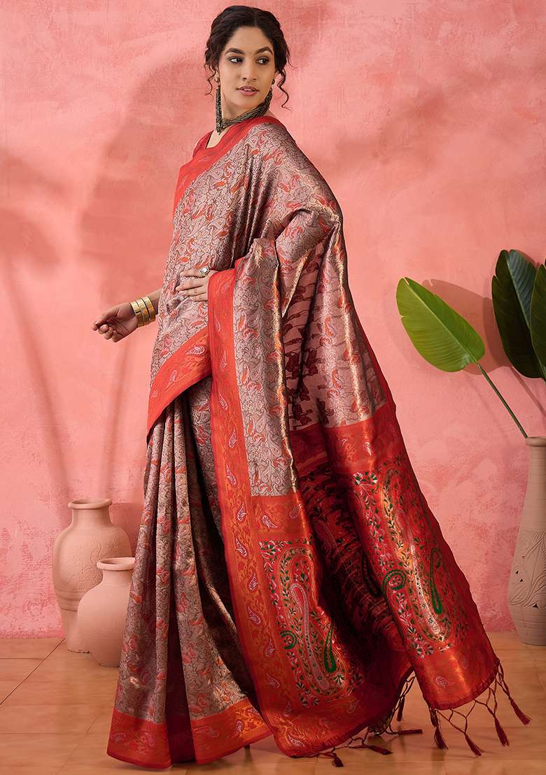 Orange Embroidered Silk Blend Saree Set for Diwali and Festive Wear - Indya