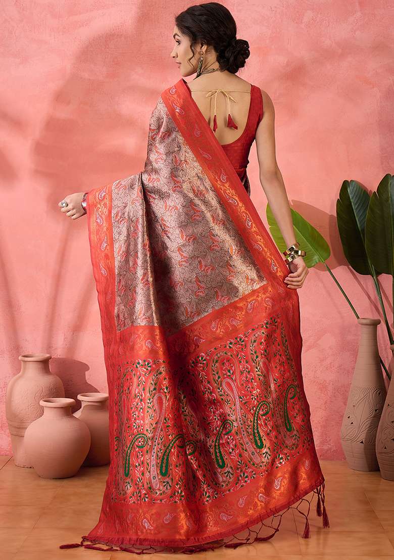 Orange Embroidered Silk Blend Saree Set for Diwali and Festive Wear - Indya