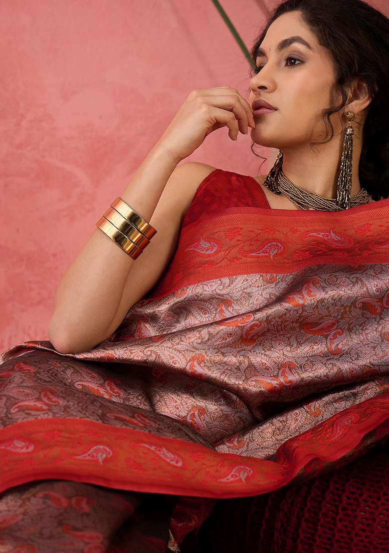 Orange Embroidered Silk Blend Saree Set for Diwali and Festive Wear - Indya
