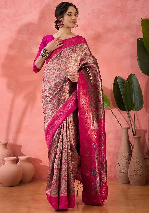 Pink Embroidered Silk Saree Set