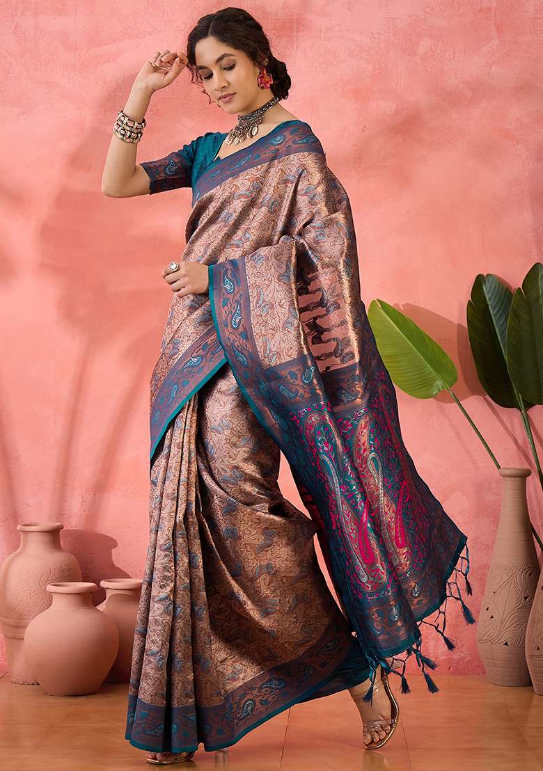 Teal Silk Blend Saree Set with Embroidered for Diwali | Wedding & Festive Wear - Indya