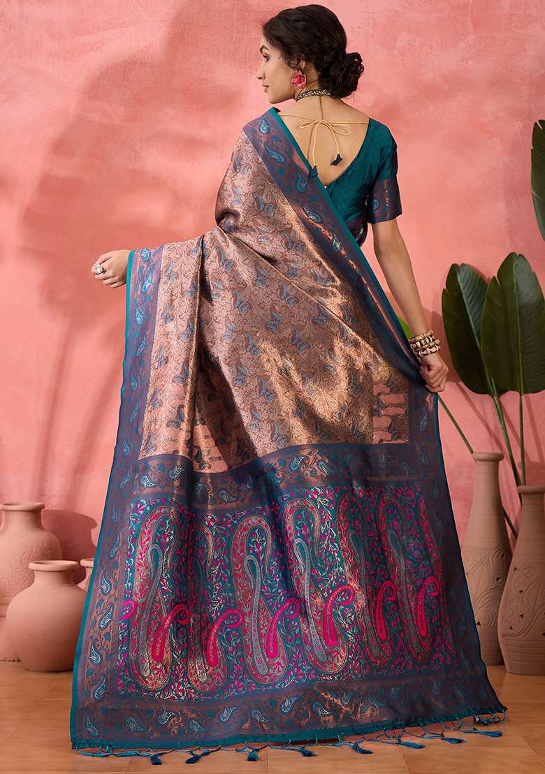 Teal Silk Blend Saree Set with Embroidered for Diwali | Wedding & Festive Wear - Indya