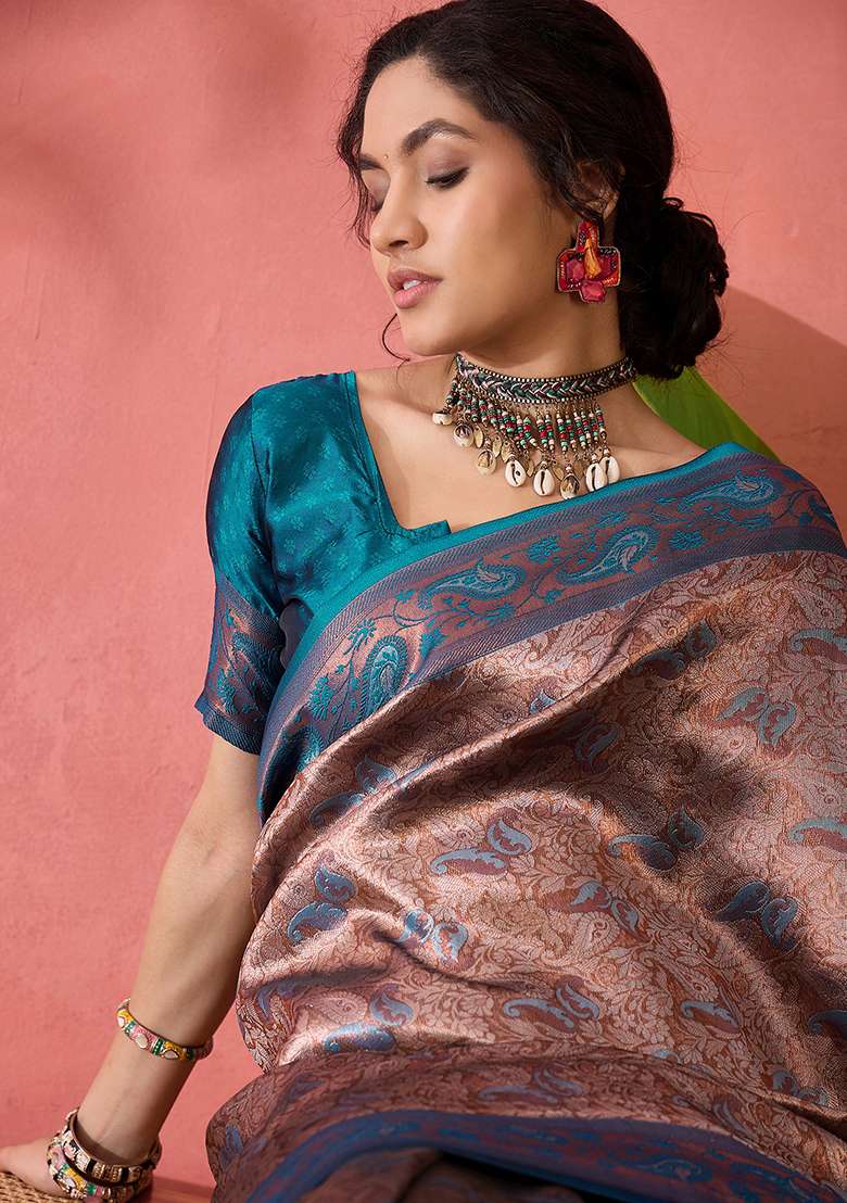 Teal Silk Blend Saree Set with Embroidered for Diwali | Wedding & Festive Wear - Indya