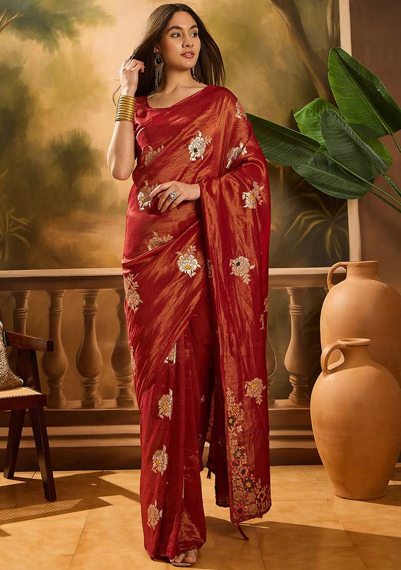 Burgundy Embroidered Simmer Saree Set - Indya