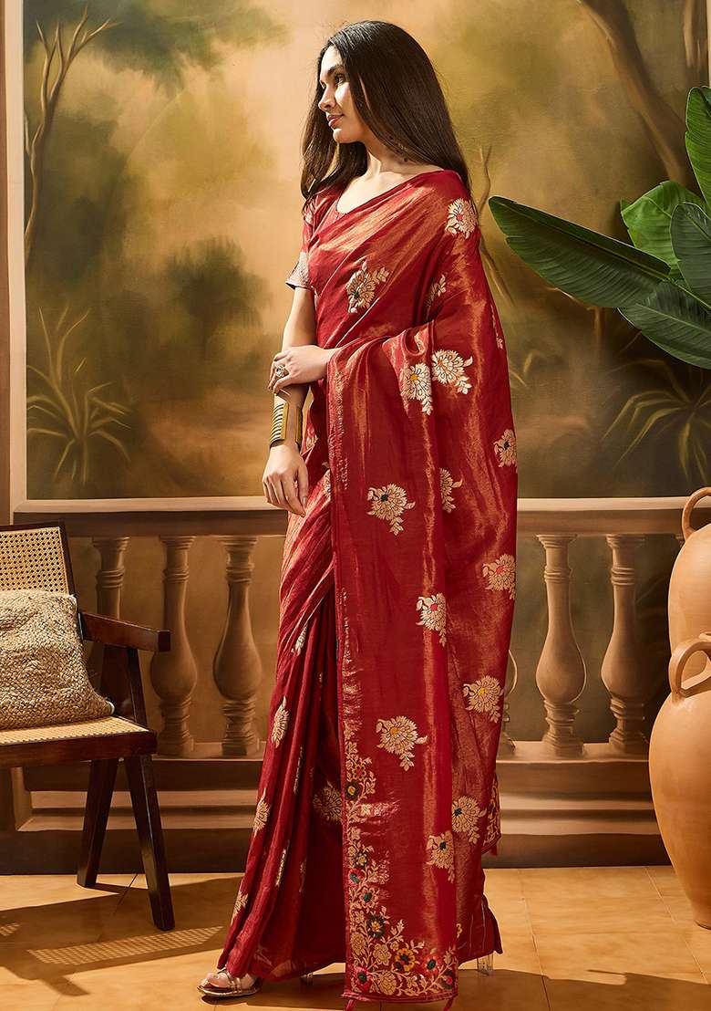 Burgundy Embroidered Simmer Saree Set - Indya