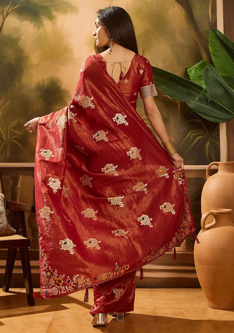 Burgundy Embroidered Simmer Saree Set - Indya
