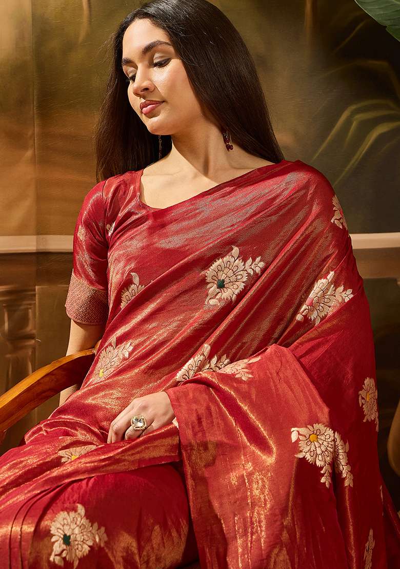 Burgundy Embroidered Simmer Saree Set - Indya