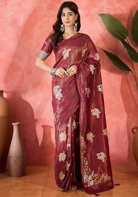 Maroon Embroidered Simmer Saree Set