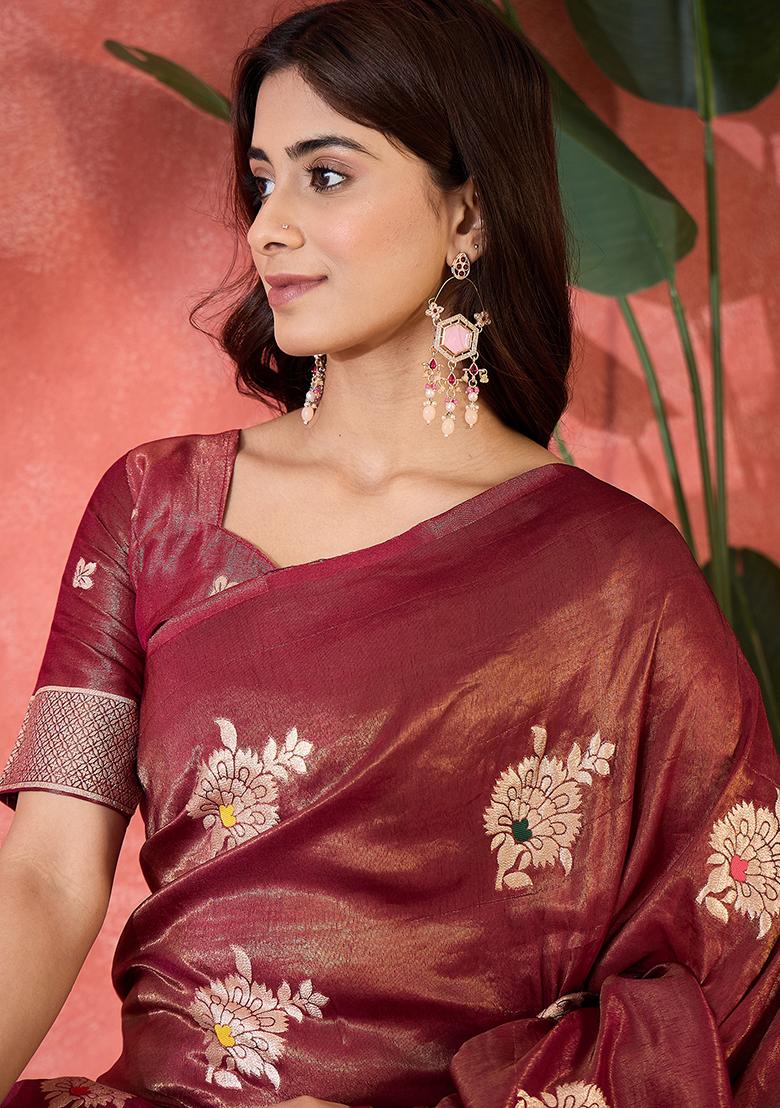Maroon Embroidered Simmer Saree Set - Indya