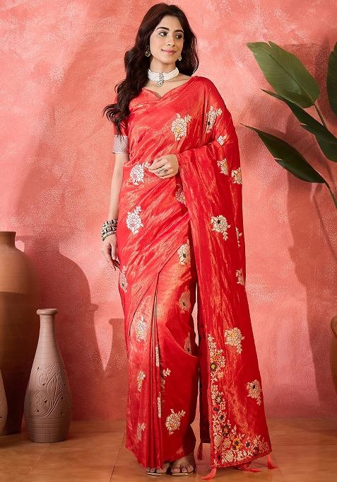 Orange Embroidered Simmer Saree Set