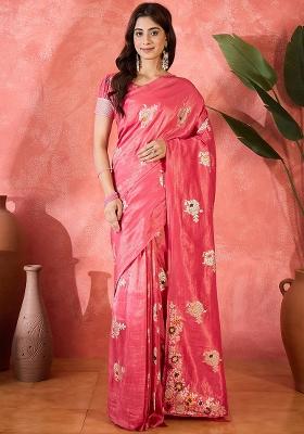 Pink Embroidered Simmer Saree Set