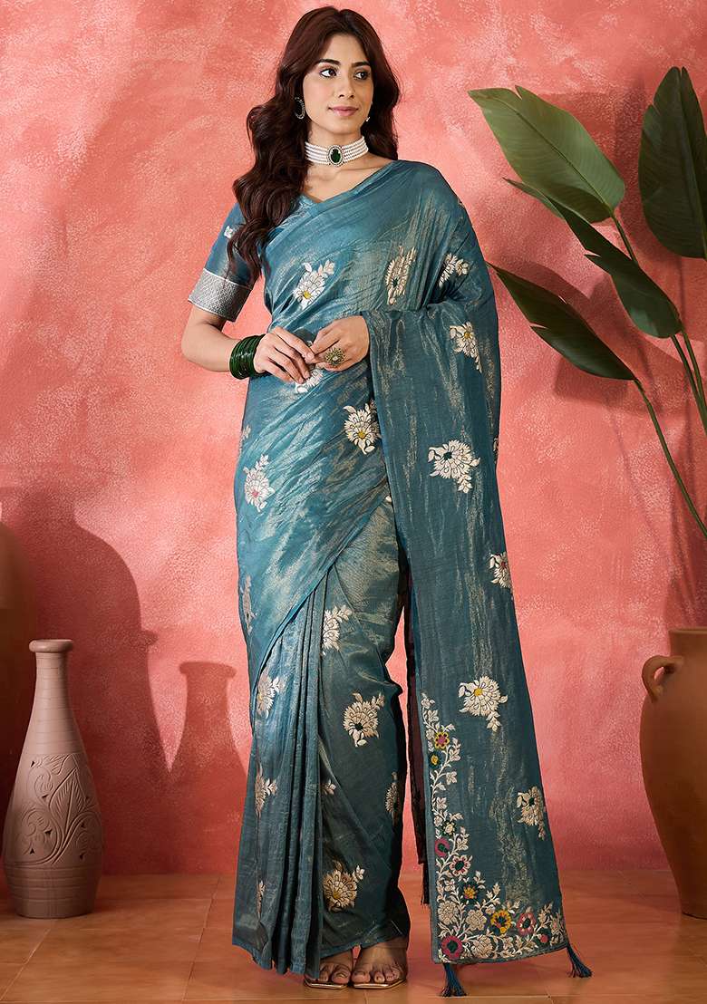 Teal Embroidered Simmer Saree Set for Diwali and Festive Wear - Indya