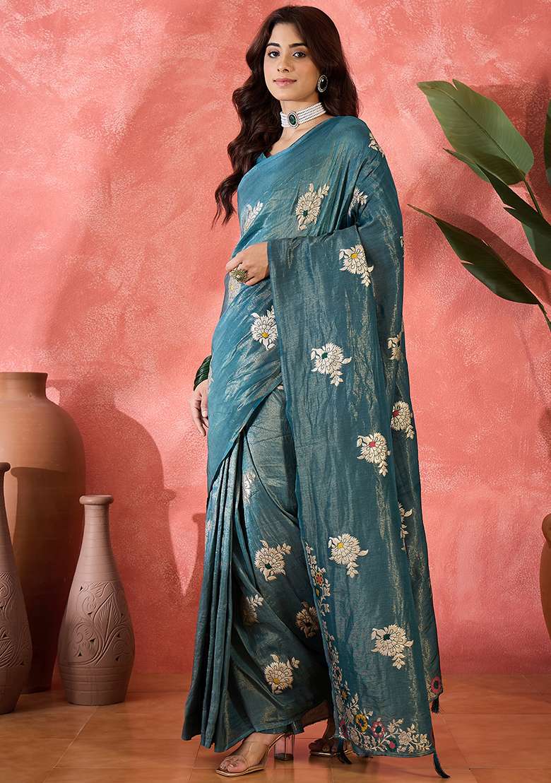 Teal Embroidered Simmer Saree Set for Diwali and Festive Wear - Indya