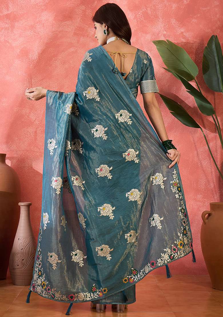 Teal Embroidered Simmer Saree Set for Diwali and Festive Wear - Indya