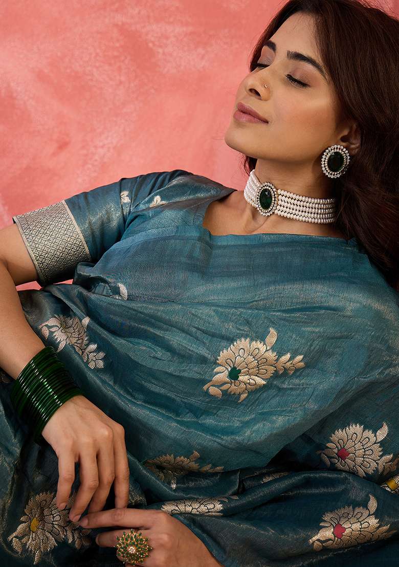 Teal Embroidered Simmer Saree Set for Diwali and Festive Wear - Indya