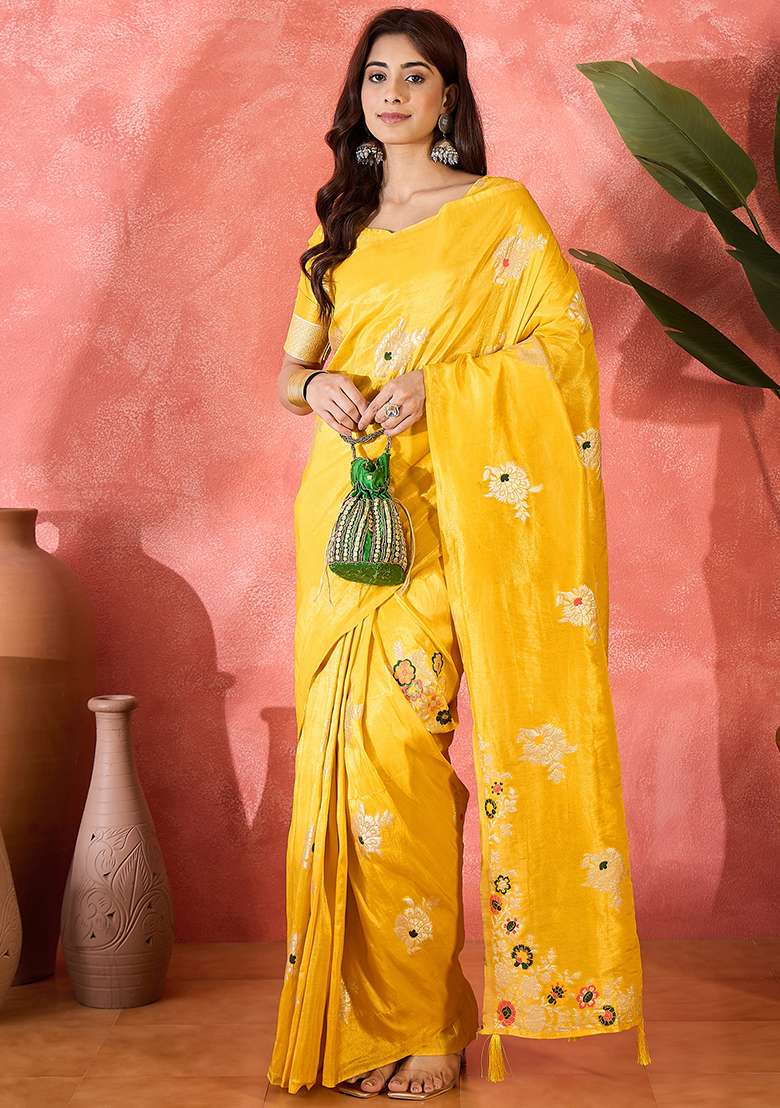 Yellow Simmer Saree Set with Embroidered for Diwali | Wedding & Festive Wear - Indya