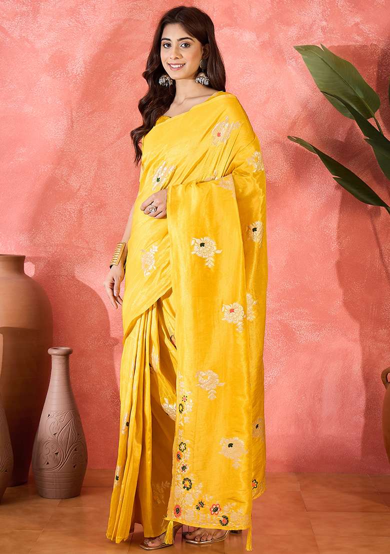 Yellow Simmer Saree Set with Embroidered for Diwali | Wedding & Festive Wear - Indya