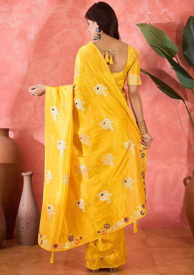 Yellow Simmer Saree Set with Embroidered for Diwali | Wedding & Festive Wear - Indya