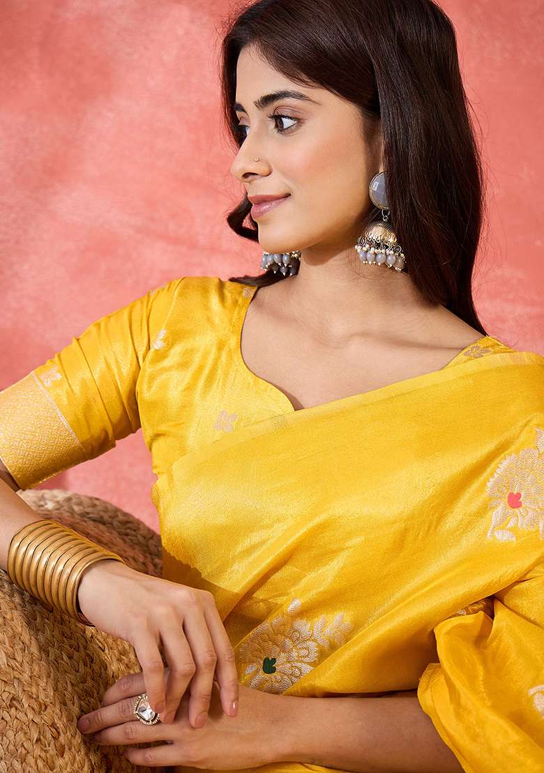 Yellow Simmer Saree Set with Embroidered for Diwali | Wedding & Festive Wear - Indya