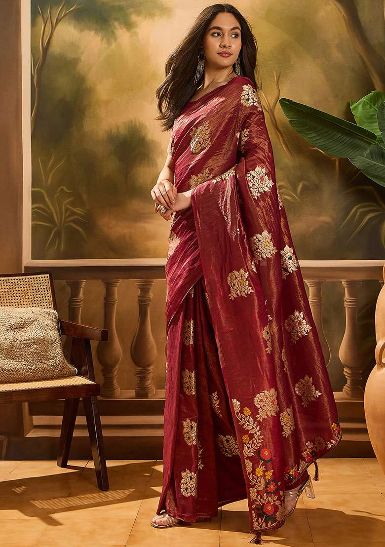 Burgundy Embroidered Simmer Saree Set for Diwali and Festive Wear - Indya