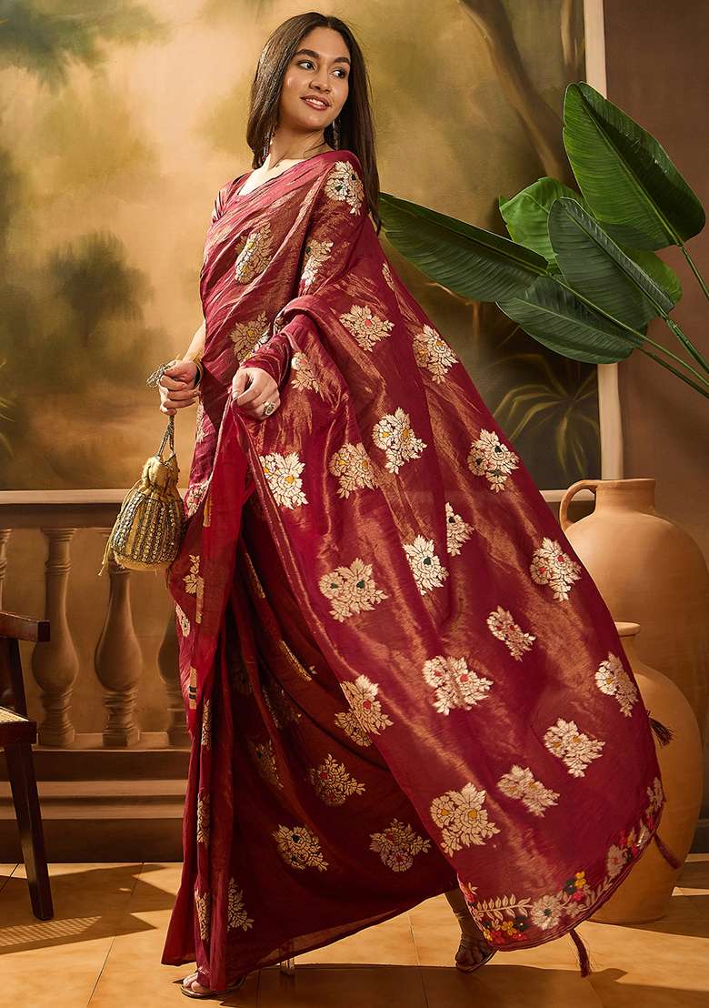 Burgundy Embroidered Simmer Saree Set for Diwali and Festive Wear - Indya