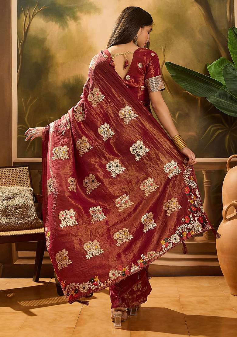Burgundy Embroidered Simmer Saree Set for Diwali and Festive Wear - Indya