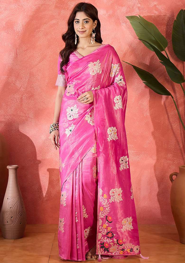 Pink Embroidered Simmer Saree Set for Diwali and Festive Wear - Indya