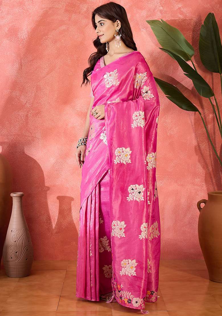 Pink Embroidered Simmer Saree Set for Diwali and Festive Wear - Indya