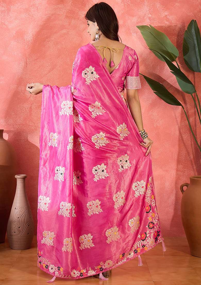 Pink Embroidered Simmer Saree Set for Diwali and Festive Wear - Indya