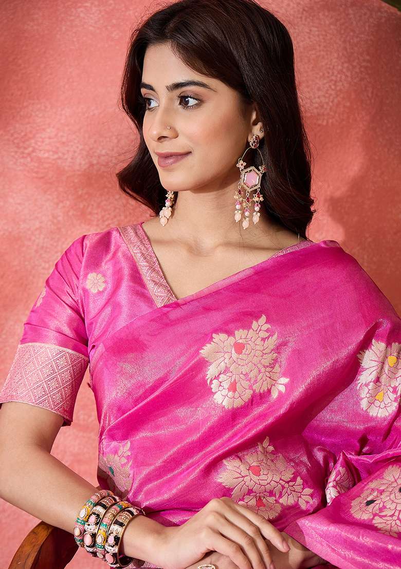 Pink Embroidered Simmer Saree Set for Diwali and Festive Wear - Indya